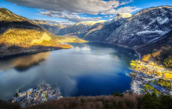 Картинка небо, горы, город, озеро