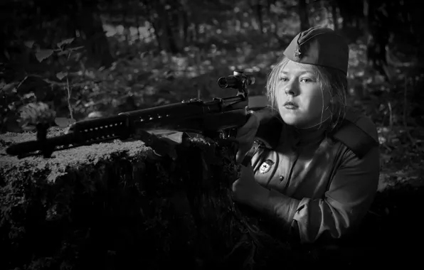 Картинка девушка, фото, война, чёрно-белое, оптика, Вторая мировая, снайпер, ВОВ