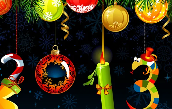 Украшения, снежинки, праздник, шары, змея, свеча, Рождество, Новый год