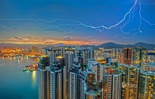 Картинка небо, огни, молния, дома, Гонконг, вечер, Цзюлун, Коулун