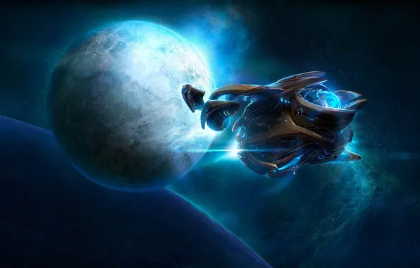 Картинка космос, туманность, корабль, планета, спутник, Heart of the Swarm, StarCraft, 2 II