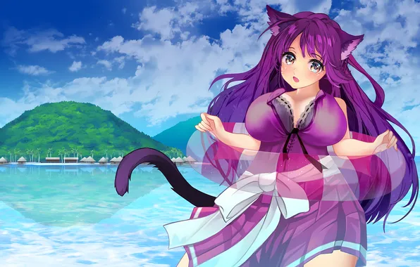 Girl, game, bra, cleavage, beach, long hair, sea, ocean