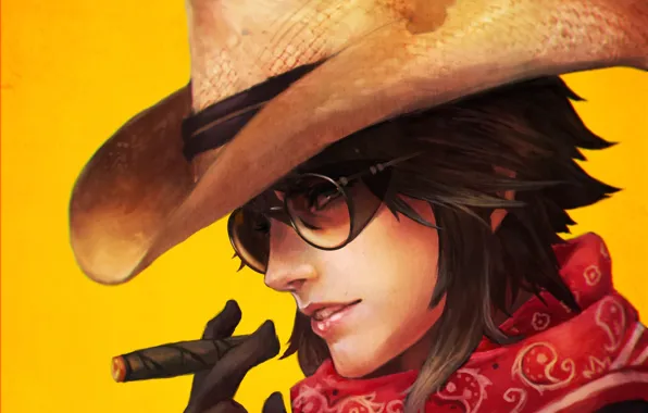 Картинка девушка, шляпа, очки, сигара, ковбой, fan art, casual, overwatch