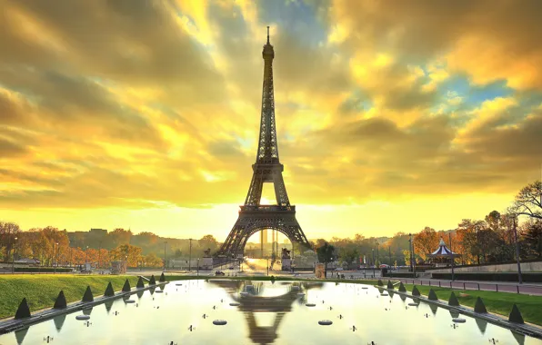 Картинка осень, деревья, город, парк, Париж, Эйфелева башня