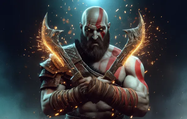 God of war, weapon, kratos, sony, snow, blow, man, boy