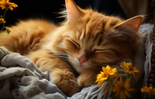 Кошка, цветы, поза, уют, котенок, сон, лапки, рыжий
