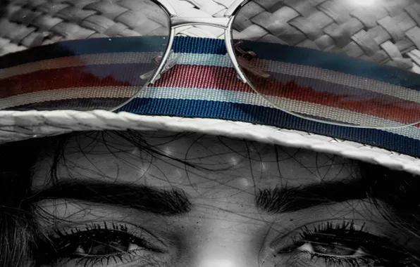 Hat, eyes, black and white, look, glasses