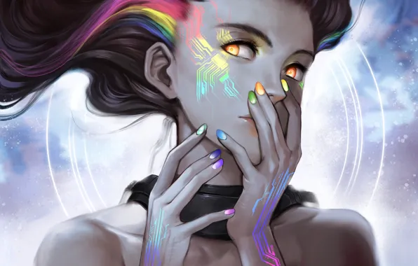 Картинка девушка, волосы, радуга, схема, art, Rainbow Circuit