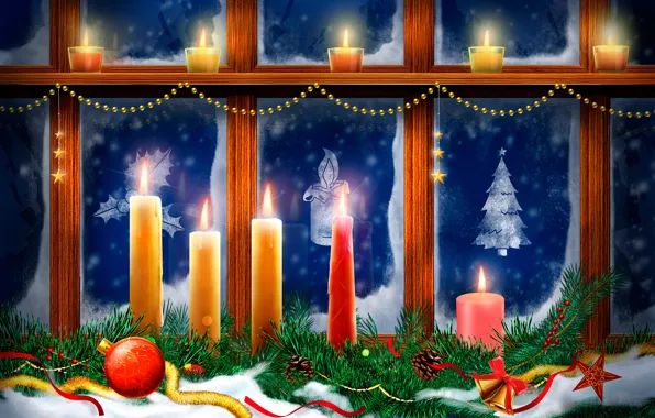 Картинка украшения, узор, вектор, свечи, окно, Рождество, открытка