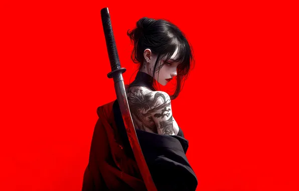 Girl, sword, fantasy, minimalism, katana, brunette, digital art, artwork