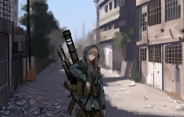 City, girl, windows, gun, glass, trees, military, pretty
