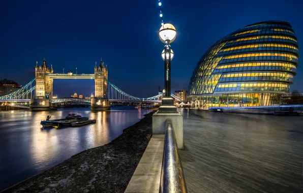 Картинка ночь, Англия, Лондон, night, Tower Bridge, London, England, Thames
