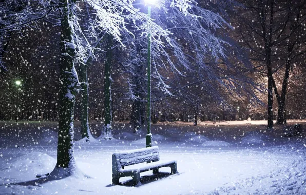 Картинка зима, скамейка, природа, сугробы, идет снег