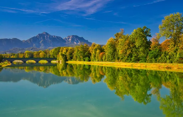Картинка осень, деревья, горы, мост, отражение, река, Германия, Бавария