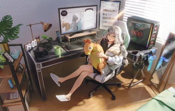 Цветок, девушка, игрушка, комп, кружка, Viichan
