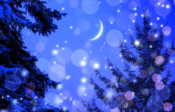 Картинка зима, звезды, снег, деревья, ночь, блики, месяц, огоньки
