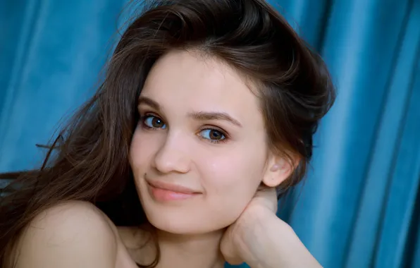Hot girl, brown hair, sexy woman, closeup, beautiful face, sexy brunette, looking at camera, bare …