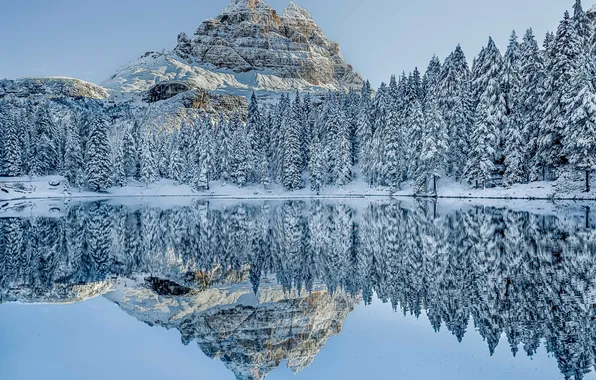 Картинка зима, снег, деревья, горы, озеро, отражение, зеркало