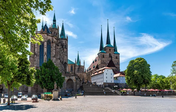 Лето, небо, солнце, деревья, Германия, площадь, собор, Germany