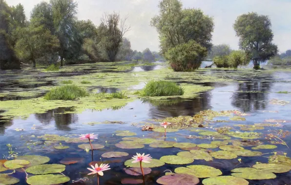 Вода, деревья, пейзаж, цветы, озеро, пруд, отражение, картина