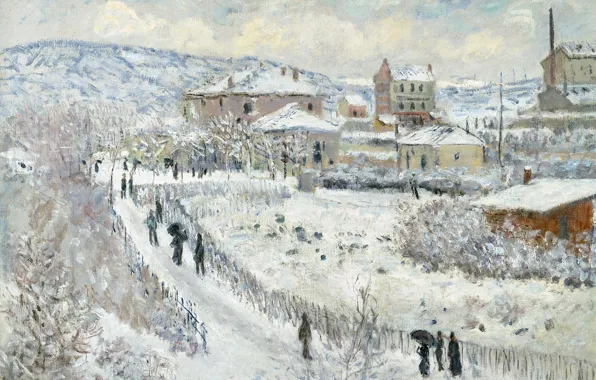 Картинка зима, картина, городской пейзаж, Клод Моне, Вид Аржантёй в Снегу
