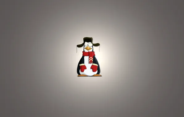 Картинка минимализм, шарф, пингвин, светлый фон, шапка ушанка, варюшки, penguin