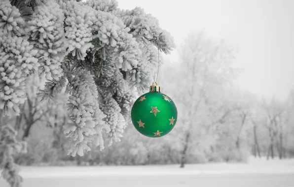 Зима, иней, снег, праздник, игрушка, шарик