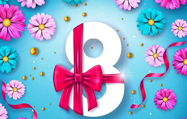 Картинка цветы, happy, 8 марта, blue, pink, flowers, открытка, spring