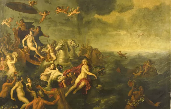 Масло, картина, холст, мифология, Adriaen van Nieulandt, Галатея и Акид