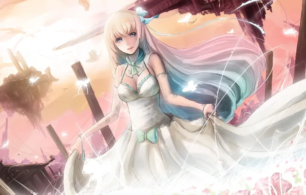 Девушка, бабочки, города, скалы, белое, платье, арт, pixiv fantasia