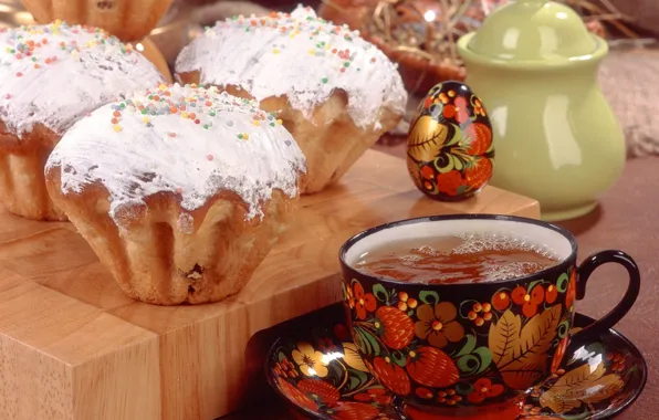 Картинка праздник, чай, яйцо, Пасха, хохлома, кулич, Easter, посыпка