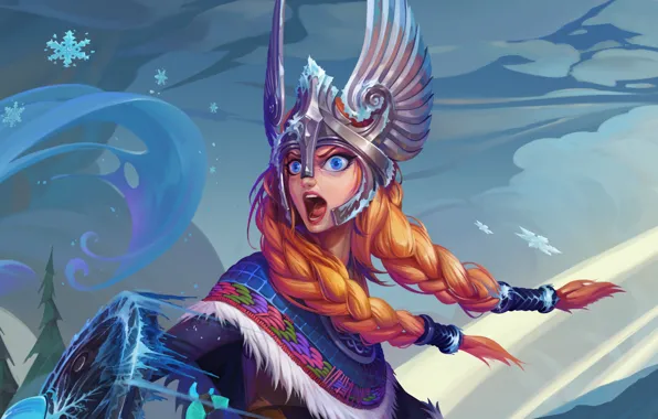 Девушка, воин, шлем, рыжая, art, Crystal Maiden, Dota 2, Valkyrie
