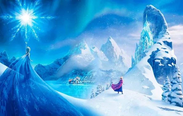 Картинка снег, горы, город, звезда, лёд, Frozen, принцесса, Анна
