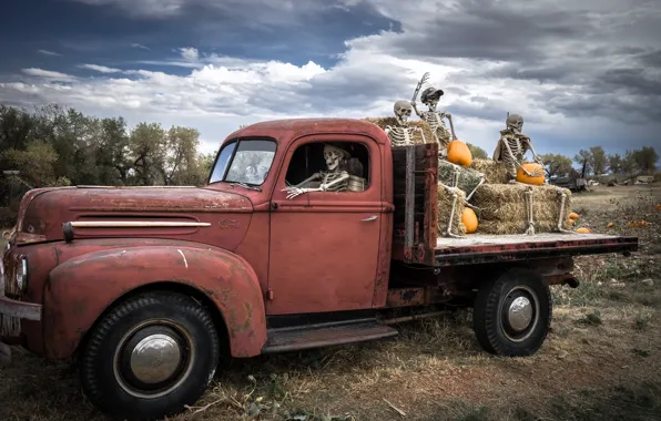 Ford, Форд, грузовик, тыквы, Halloween, Хэллоуин, скелеты, Ghost riders