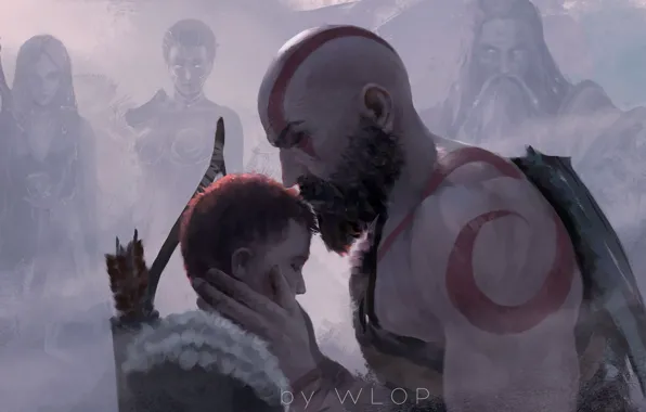 Картинка fantasy, game, Kratos, God of War, man, tattoo, weapons, digital art