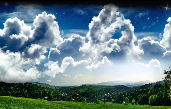 Картинка небо, облака, деревья, Холмы