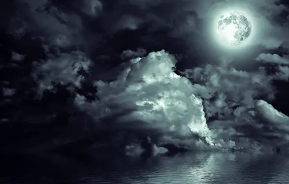 Картинка море, небо, облака, свет, пейзаж, ночь, луна