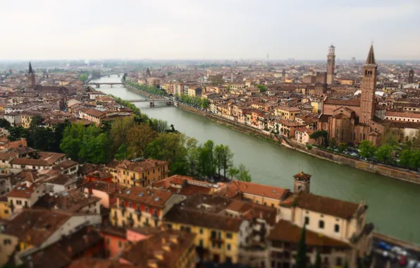 Крыша, река, Италия, river, Italy, Верона, Verona, roof