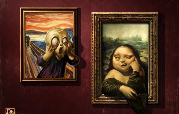 Юмор, арт, галерея, картины, рожицы, Antonio De Luca, Mona Lisa, The Scream