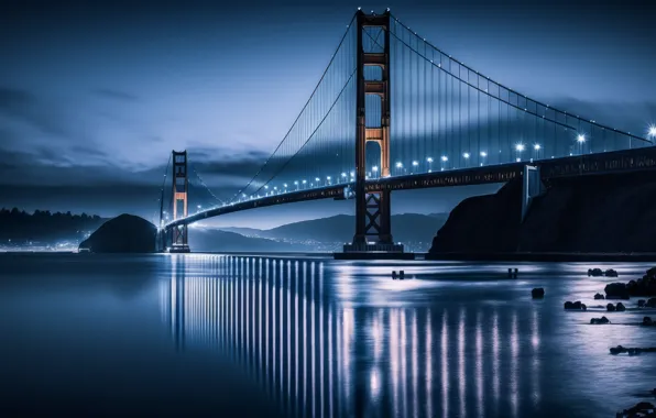 Картинка Golden Gate Bridge, water, art, Blue hour