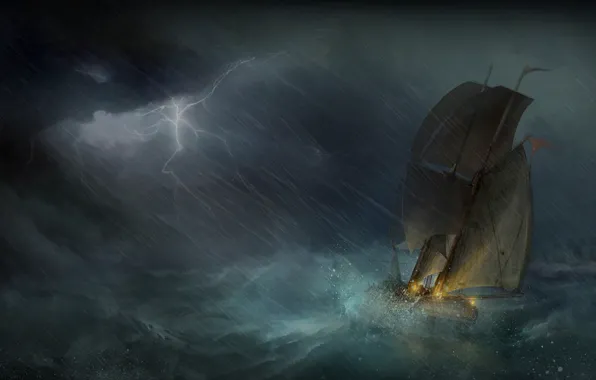 Картинка море, шторм, молнии, корабль, парусник, арт