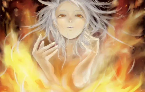 Картинка девушка, лицо, огонь, аниме, арт, yoshitatsu ousuke
