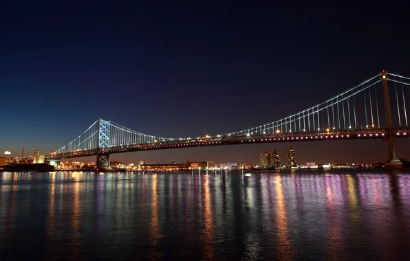 Картинка мост, city, город, отражение, Филадельфия, bridge, reflection, флаг США