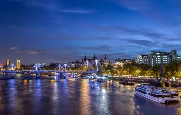 Ночь, мост, огни, река, Лондон, Великобритания, набережная, Westminster