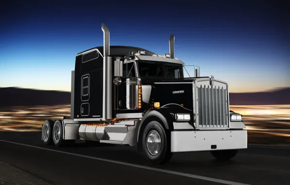 Картинка дорога, движение, чёрный, грузовик, хром, тягач, Kenworth, спецверсия W900L