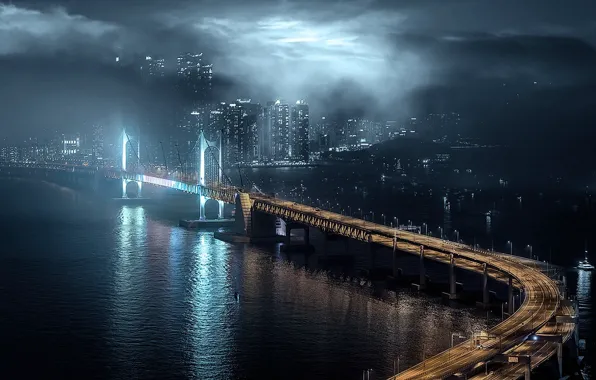 Мост, туман, небоскребы, арт, Korea, Gotham, Busan