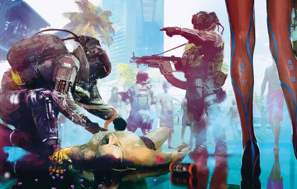 Картинка Город, Игра, Люди, Арт, Киборг, CD Projekt RED, Cyberpunk 2077, Киберпанк
