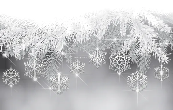 Снежинки, праздник, елка, новый год, веточки