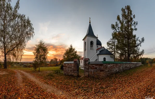 Картинка осень, пейзаж, закат, природа, село, Илья Гарбузов, Бёхово, церковь Троицы Живоначальной