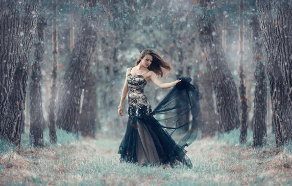 Лес, девушка, платье, Alessandro Di Cicco, A cold forest